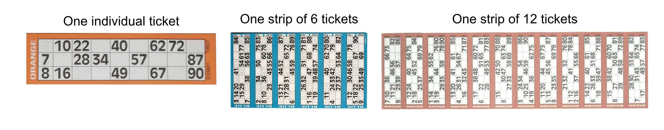 individual bingo ticket / 6 to view strip / 12 to view strip