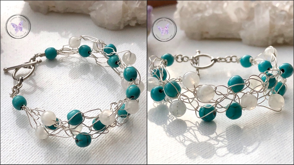 Turquoise, Moonstone Silver Wire Crochet Bracelet