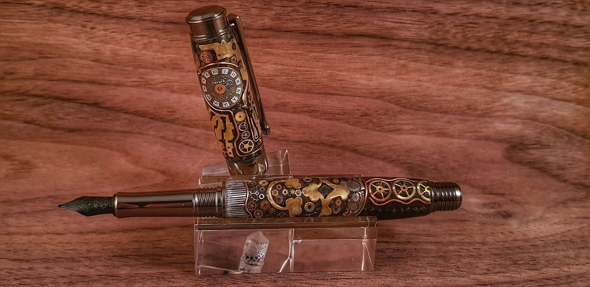 A steampunk and watch parts Beaufort Leveche fountain pen with Bock black lacquered nib, by Tom Burger
