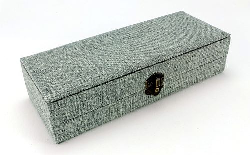 Fabric covered hardshell double pen box with antiqued clasp and velvet interior
