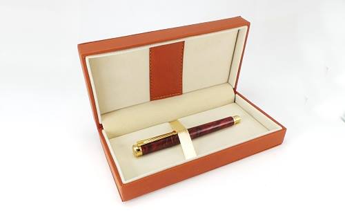 Luxury pen box with stitched leatherette exterior and interior detailing, sprung hinged closure and spacious padded velvet interior,