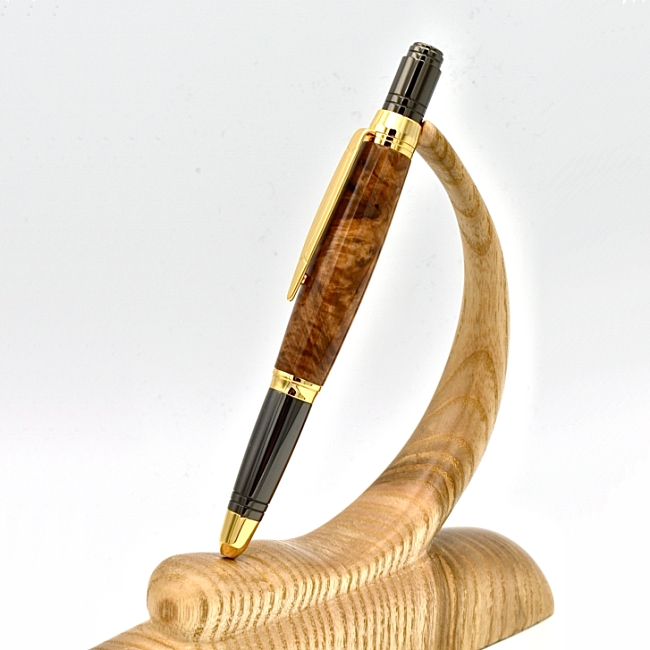 A gold & gunmetal Beaufort Zephyr pen kit, made from a Thuya Burr pen blank
