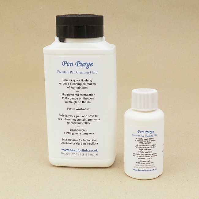 Pen Purge is a powerful fountain pen cleaning fluid that does not contain ammonia or harmful VOCs. It’s safe for your pen, it’s safe for you, and is available in 50ml and 250ml bottles
